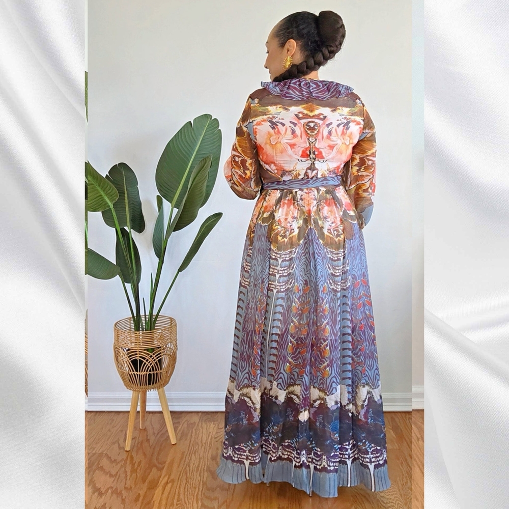 Long Sleeve V-neck Ruffle Multi Brown Print Maxi Dress - Picture 4 of 4